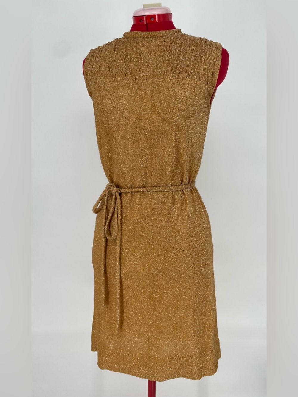Vintage Copper- Gold Lurex Knit Mini Dress Handmade 60s 70s Metallic Belted
